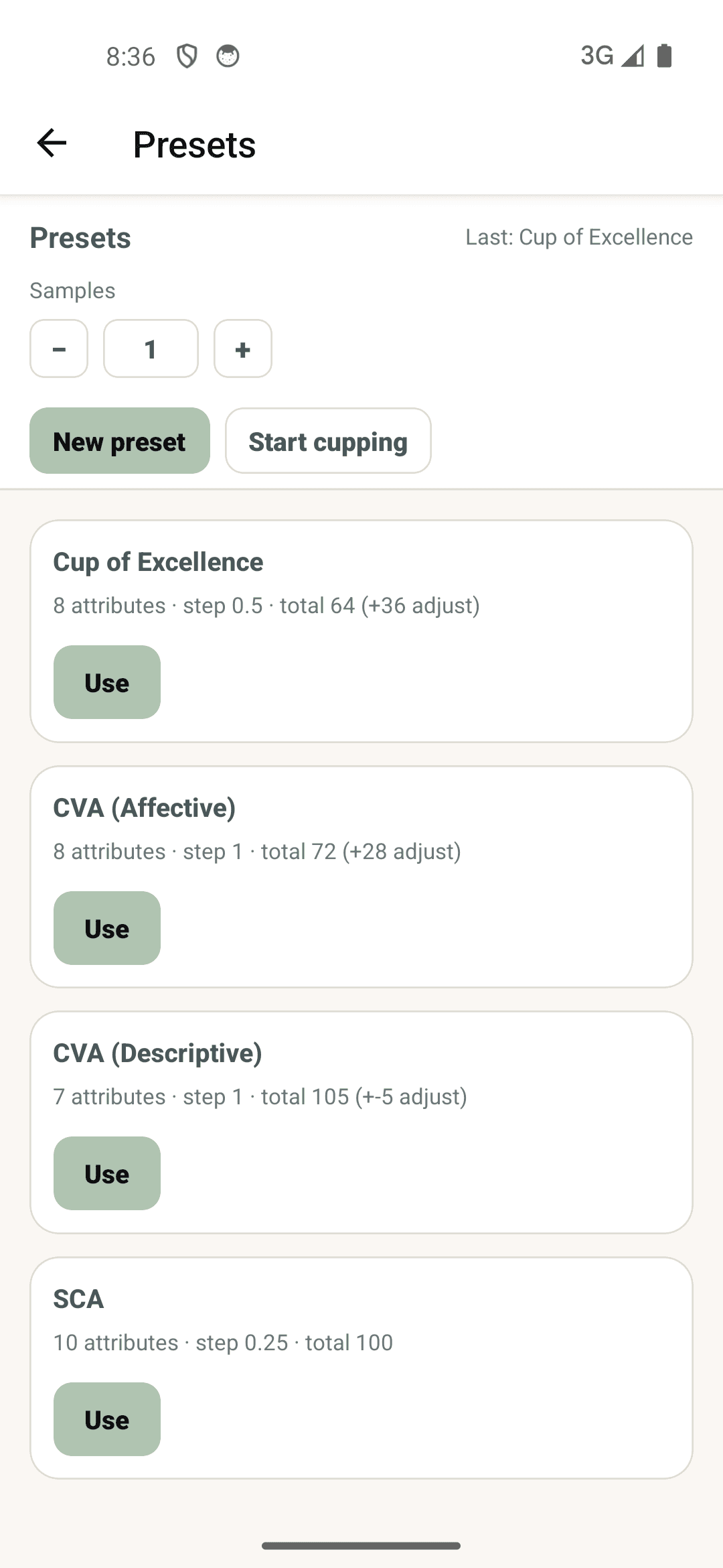 OneTwoCup evaluation profile list