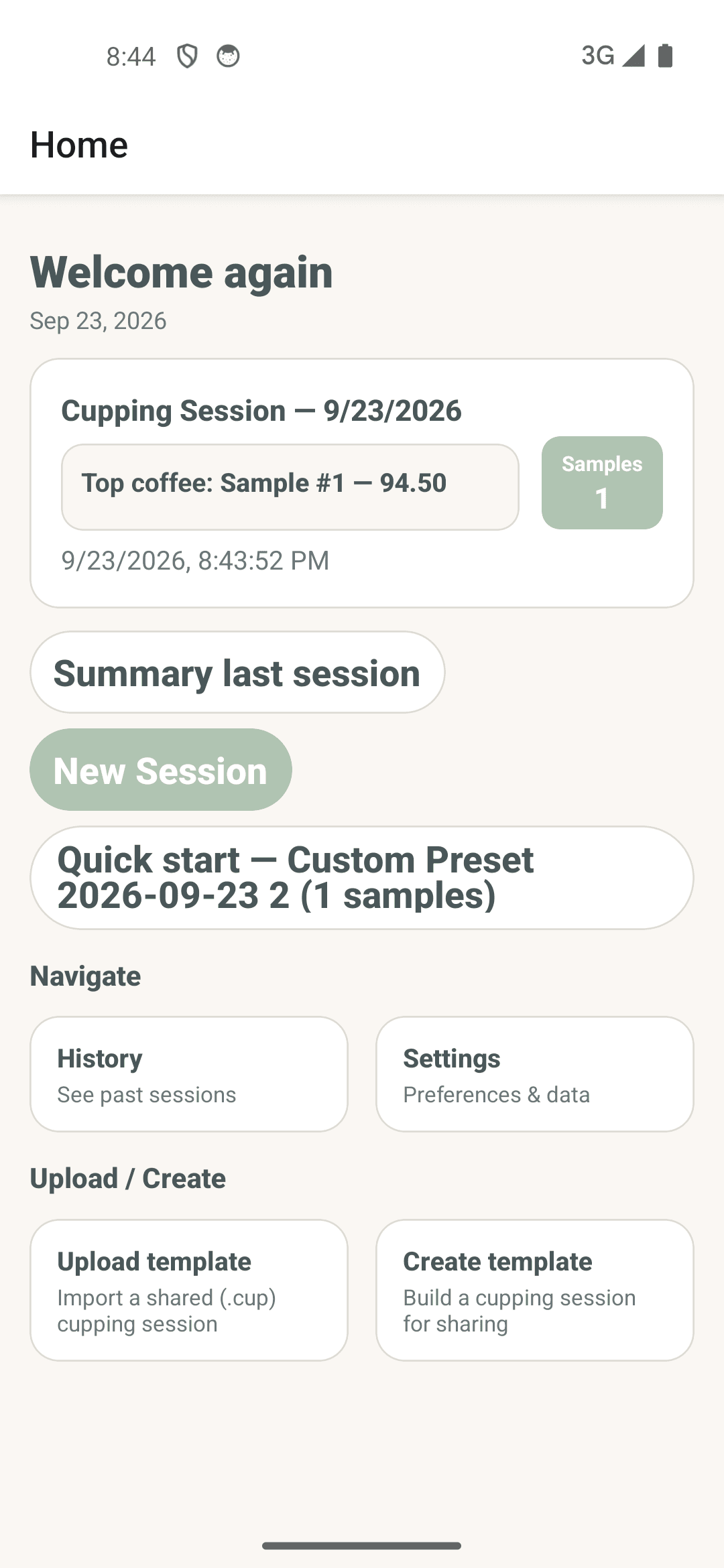 OneTwoCup session template workflow